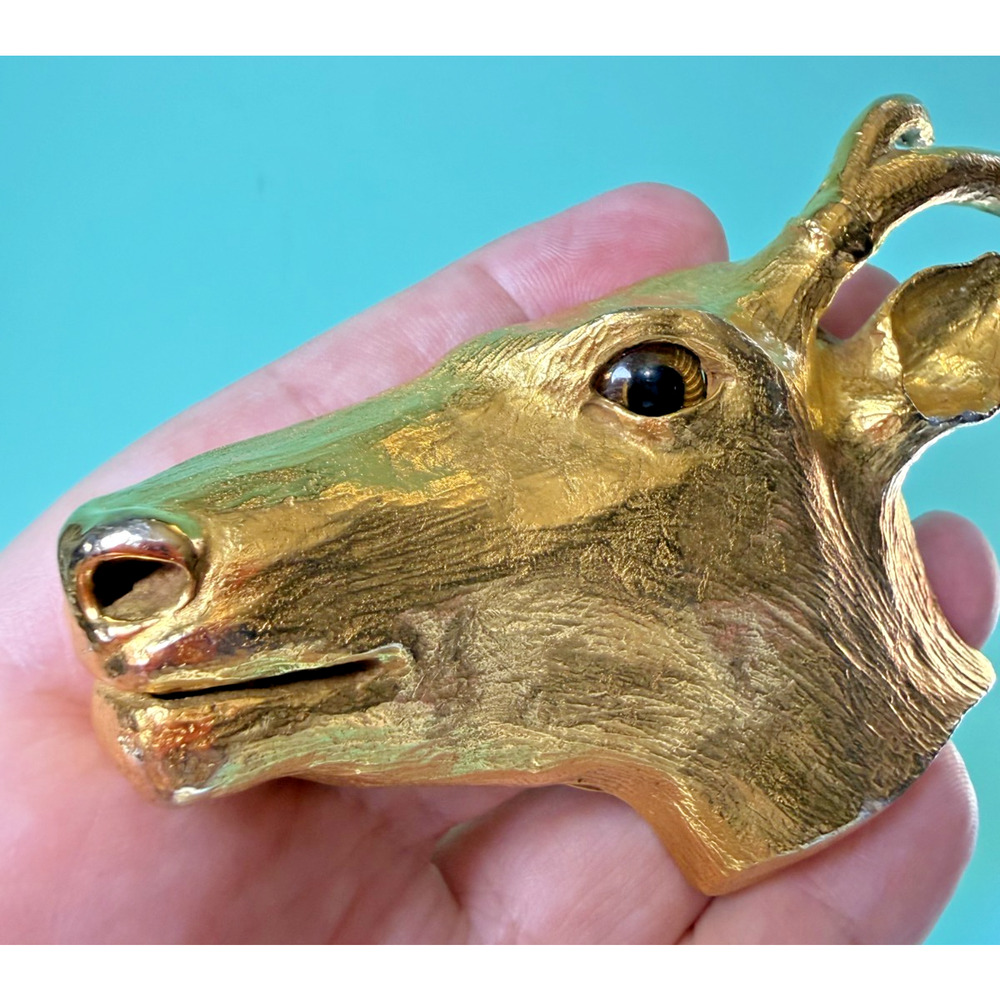 Christopher Ross Signed Belt Buckle 1976 Gold Plated Deer Head Glass Eye Vintage - Picture 5 of 5